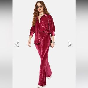 Free people Kit Kat Berry velvet velour set wide leg Small New